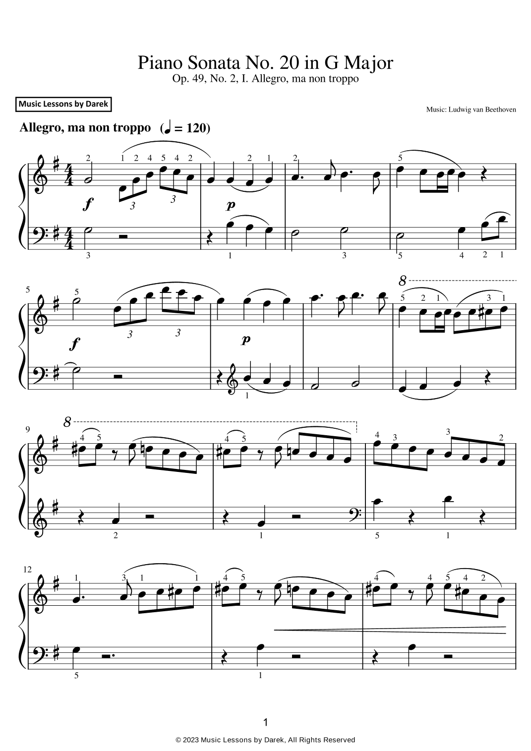 Piano Sonata No. 20 in G Major (EASY PIANO) Op. 49, No. 2, I. Allegro, ma non troppo (arr. Darek)