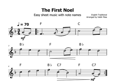 The First Noel - (F Major - with note names) (arr. Valdir Maia)