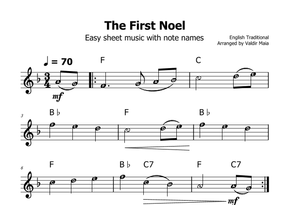 The First Noel - (F Major - with note names) (arr. Valdir Maia)
