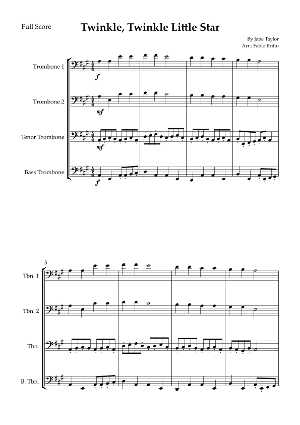 Twinkle, Twinkle Little Star for Trombone Quartet (arr. Fabio Britto)