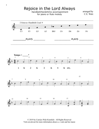Rejoice in the Lord for beginning handbells/chimes and flute or piano (arr. c.e. walz)