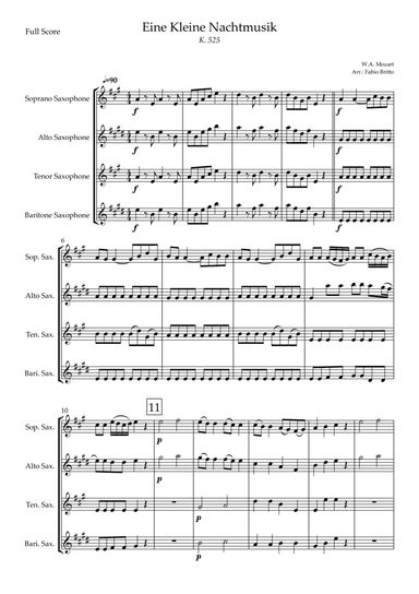 Eine kleine Nachtmusik (W.A. Mozart) for Saxophone Quartet (Simplified) (arr. Fabio Britto)