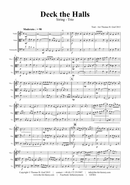 Deck the halls - Christmas Carol - Polyphonic - String Trio (arr. Thomas H. Graf)