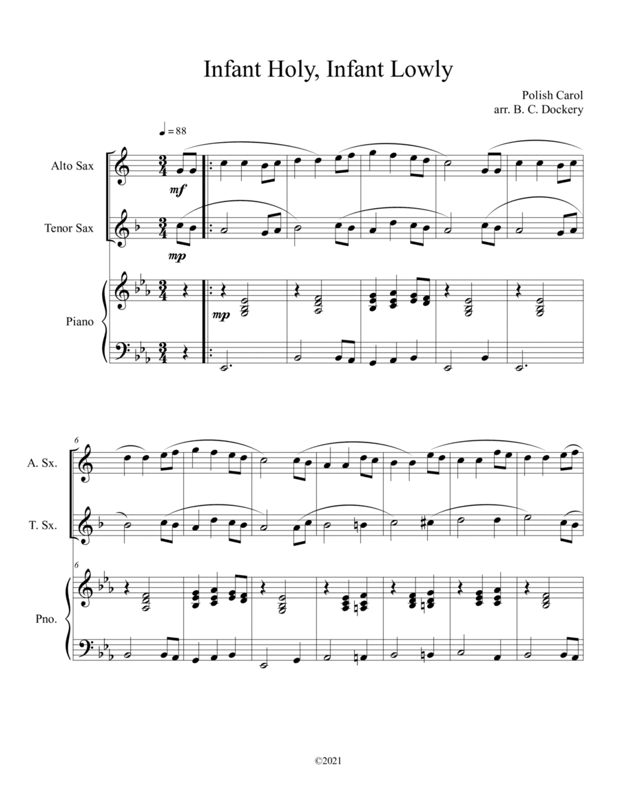Infant Holy, Infant Lowly (Alto and Tenor Sax Duet with Piano Accompaniment) (arr. B. C. Dockery)