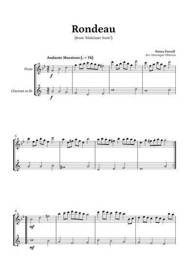 Rondeau from "Abdelazer Suite" by Henry Purcell - For Flute and Clarinet (G minor) (arr. Henrique Oliveira)