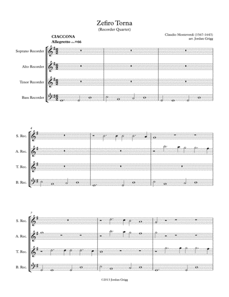 Zefiro Torna (Recorder Quartet) (arr. Jordan Grigg)