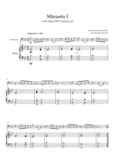 Minueto I in Bb Major, BWV Anhang 114 (Cello and Piano)