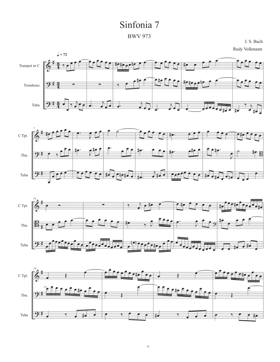 Sinfonia 7, J. S. Bach,  adapted for C trumpet, Trombone, and Tuba (arr. Rudy Volkmann)