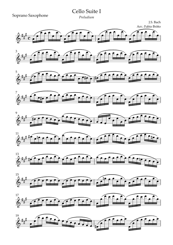 Preludium (from Cello Suite no.1 - J. S. Bach) for Soprano Saxophone Solo (arr. Fabio Britto)