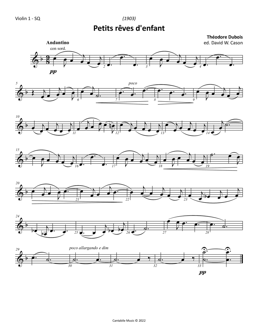 Petits rêves d'enfant (Dubois) STRING QUARTET (arr. Cantabile Music)