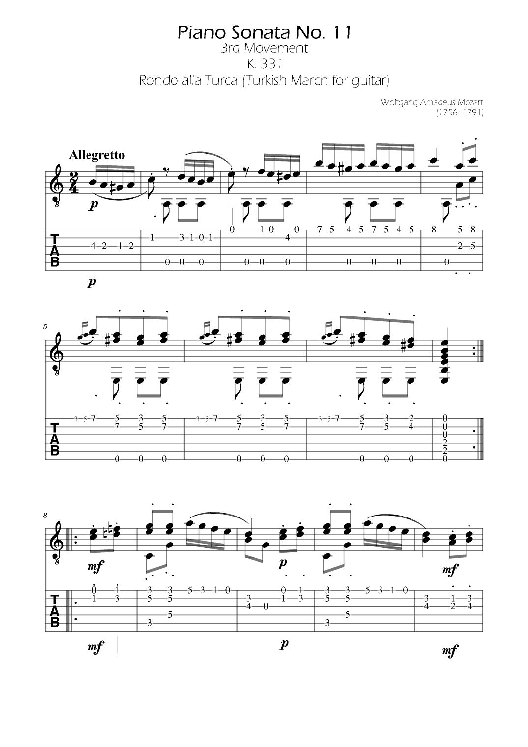 Mozart K. 331Guitar TABs (Turkish March) (arr. Ygor Nunes)