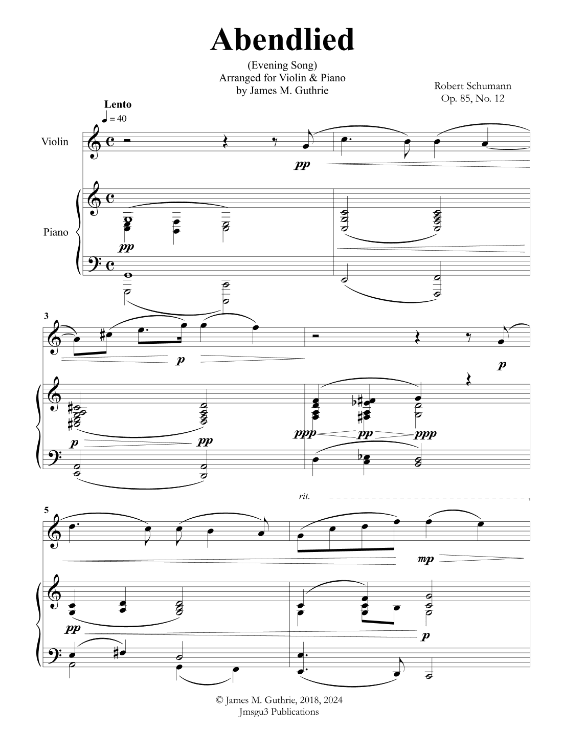 Schumann: Abendlied for Violin & Piano (arr. James M. Guthrie, ASCAP)