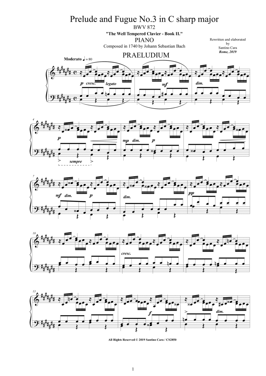 Bach - Prelude and Fugue No.3 in C sharp major BWV 872 for Piano (arr. Santino Cara)