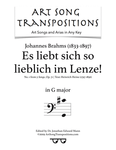 BRAHMS: Es liebt sich so lieblich im Lenze! Op. 71 no. 1 (transposed to G major, bass clef) (arr. ArtSongTranspositions.com)