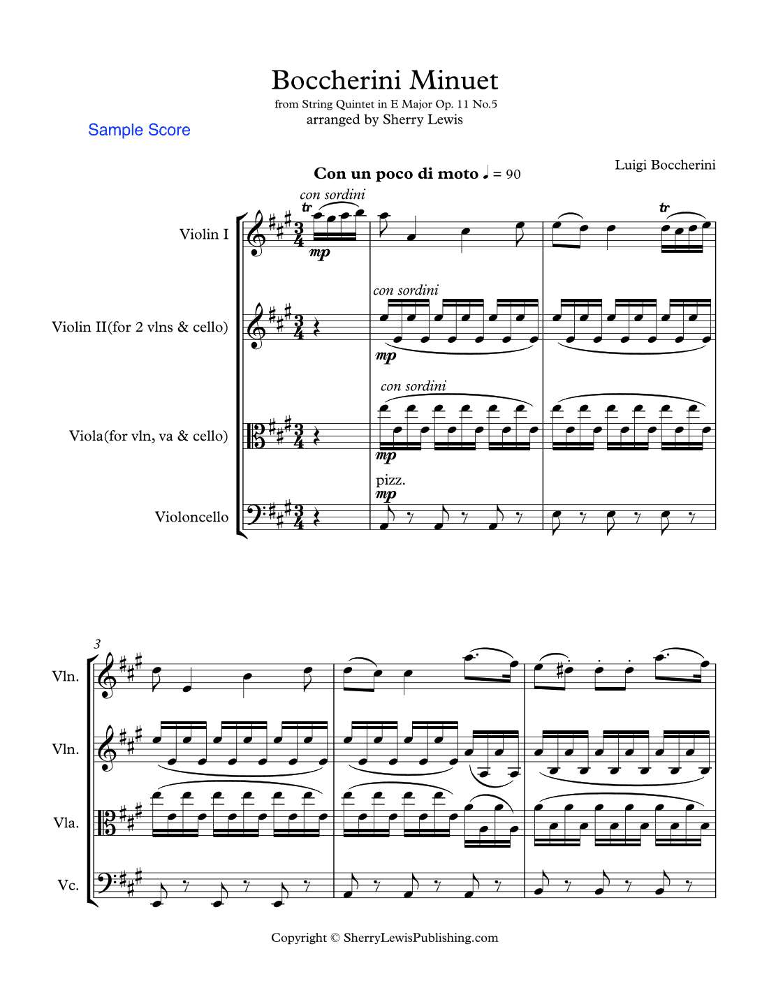 BOCCHERINI MINUET - (Minuet Op. 11 No. 5) String Trio, Intermediate Level for 2 violins and cello or (arr. Sherry Lewis)