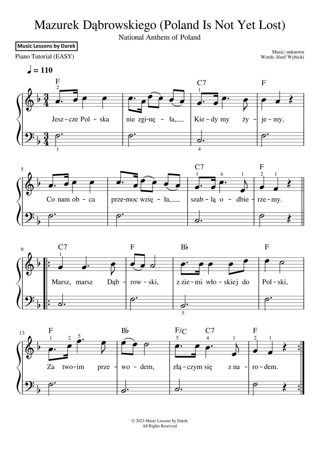 Mazurek Dabrowskiego (National Anthem of Poland) [EASY PIANO] (arr. Darek)