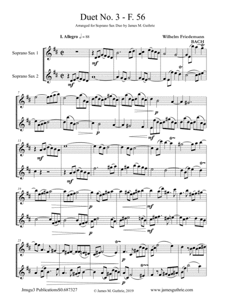 WF Bach: Duet No. 3 for Soprano Sax Duo (arr. James M. Guthrie, ASCAP)