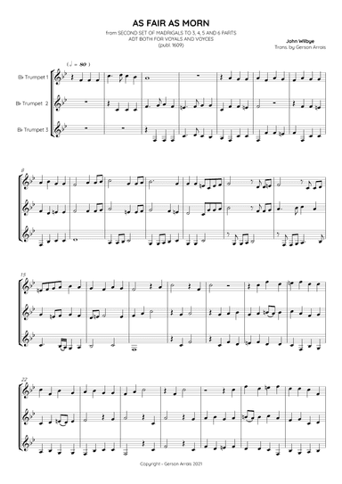 AS FAIR AS MORN - John Wilbye - Bb trumpet trio - Score and Parts (arr. Gerson Arrais)
