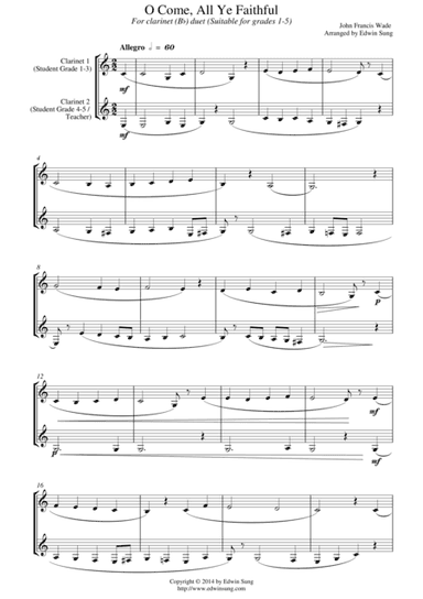 O Come, All Ye Faithful (for clarinet (Bb) duet, suitable for grades 1-5) (arr. Edwin Sung)