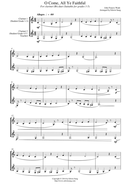 O Come, All Ye Faithful (for clarinet (Bb) duet, suitable for grades 1-5) (arr. Edwin Sung)