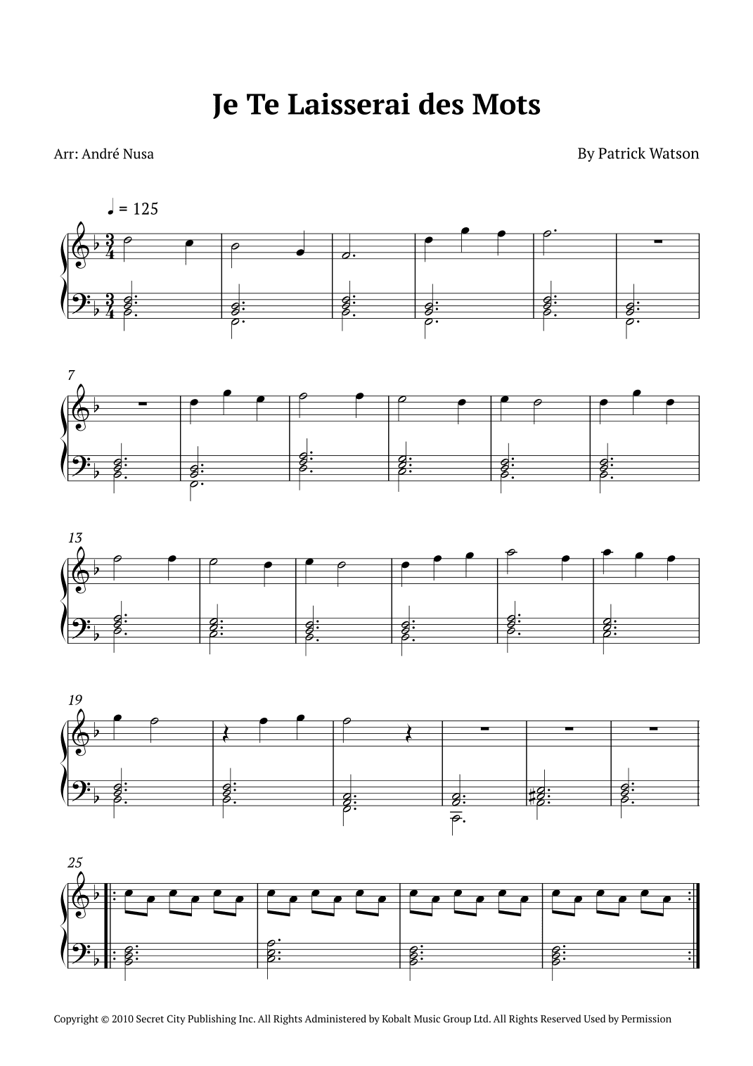 Je Te Laisserai Des Mots (arr. André Nusa)