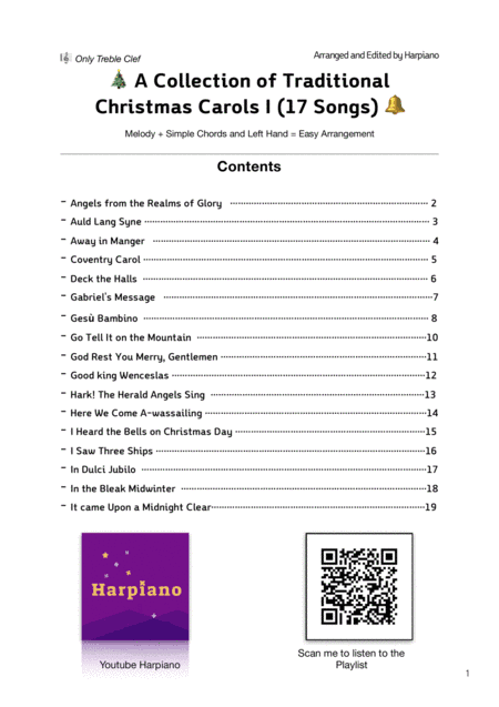 A Collection of Traditional Christmas Carols I (A to I, 17 songs) (arr. Harpiano)