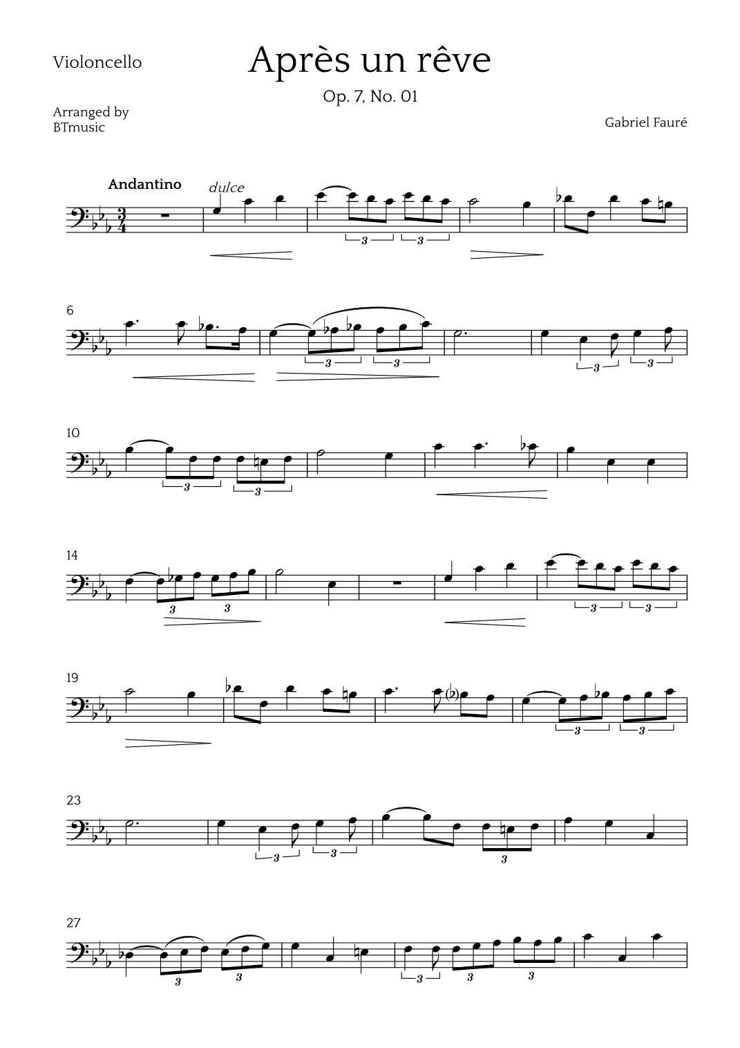 Après un Rêve - Cello Solo (arr. BTmusic)