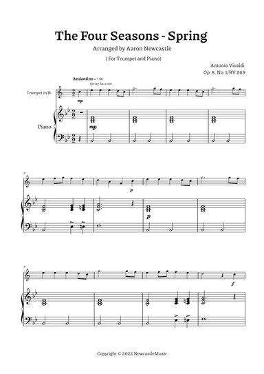 Vivaldi, Spring (The Four Seasons) — Trumpet and Easy Piano, Score and Parts (arr. Aaron Newcastle)