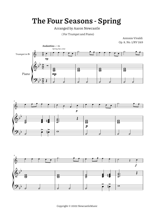 Vivaldi, Spring (The Four Seasons) — Trumpet and Easy Piano, Score and Parts (arr. Aaron Newcastle)