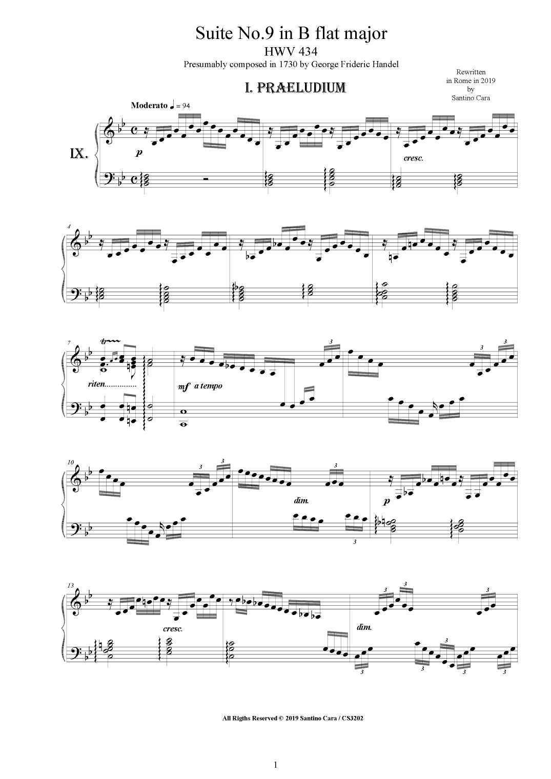 Handel - Piano Suite No.9 in B flat major HWV 434 (arr. Santino Cara)