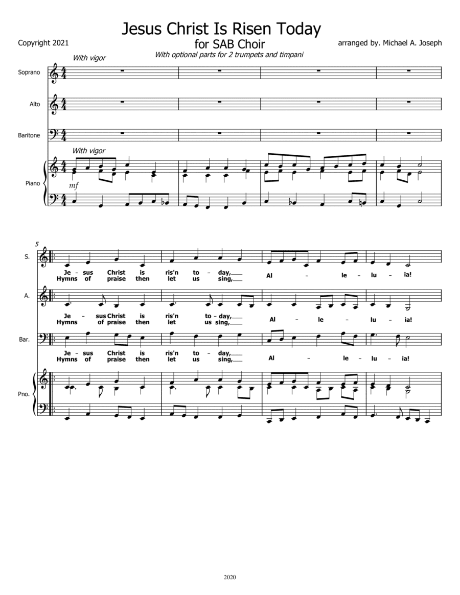 Jesus Christ is Risen Today - An original arrangement for SAB Choir (with available parts for 2 trum (arr. Michael A. Joseph)