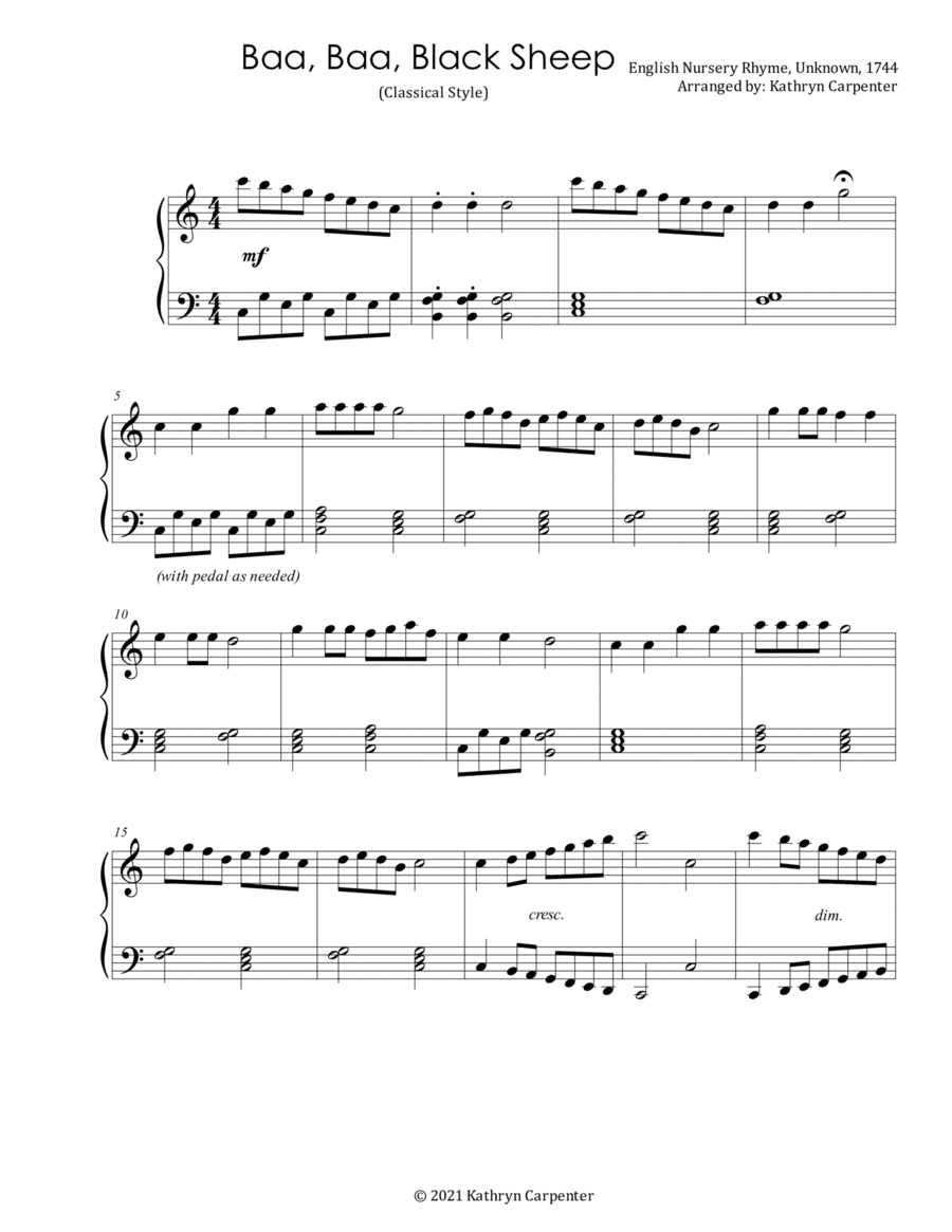 Baa, Baa, Black Sheep (Intermediate Piano) (arr. Kathryn Carpenter)