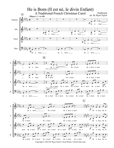 He is Born (Il est né, le divin Enfant) for Acapella SATB Choir (arr. M. Ryan Taylor)