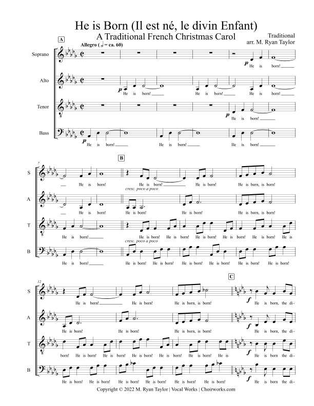 He is Born (Il est né, le divin Enfant) for Acapella SATB Choir (arr. M. Ryan Taylor)