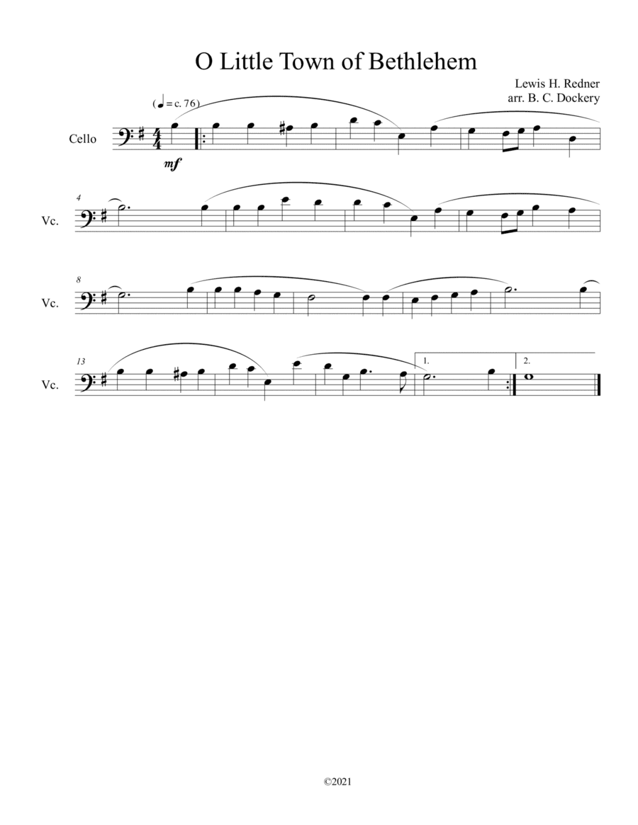 O Little Town of Bethlehem (Cello Solo) (arr. B. C. Dockery)
