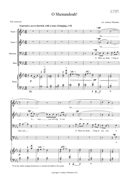 O Shenandoah! (TTBB and Piano) (arr. Anthony Whittaker)