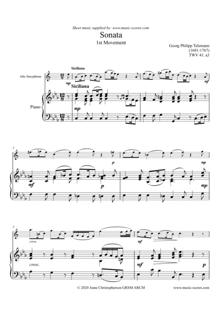 Telemann Sonata in A Minor TWV 41:a3, 1st Movement: Siciliano - Alto Sax and Piano (arr. Anne L Christopherson GRSM ARCM)