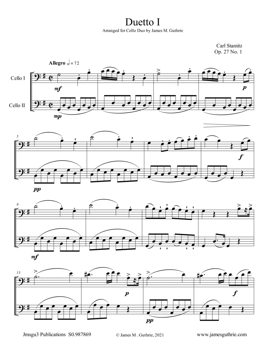 Stamitz: Six Duets Op. 27 Complete for Cello Duo (arr. James M. Guthrie)