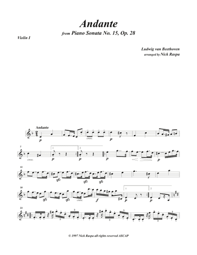 Andante from Piano Sonata 15 arranged for string orchestra (Violin I part) (arr. Nick Raspa)
