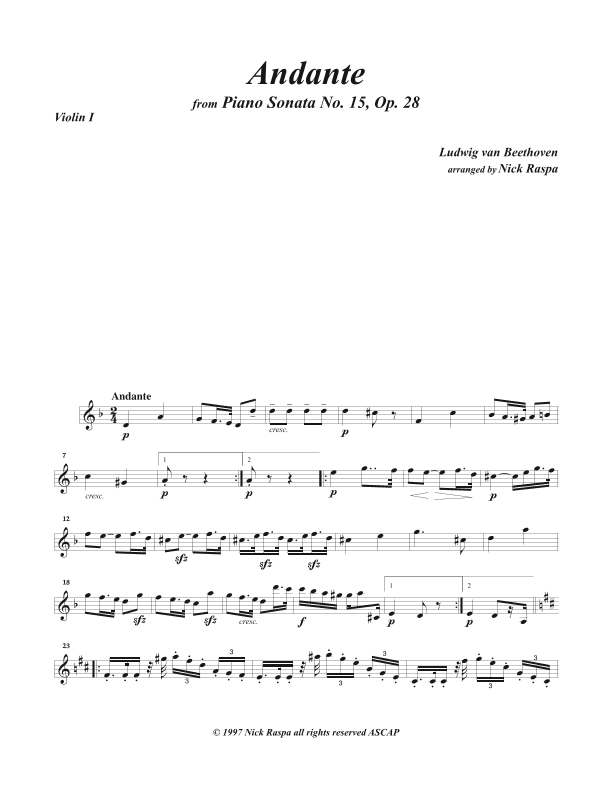 Andante from Piano Sonata 15 arranged for string orchestra (Violin I part) (arr. Nick Raspa)