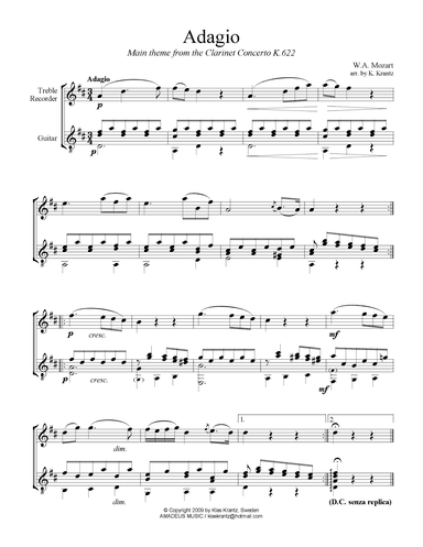 Adagio from the clarinet concerto (theme) treble recorder and guitar (arr. K. Krantz)