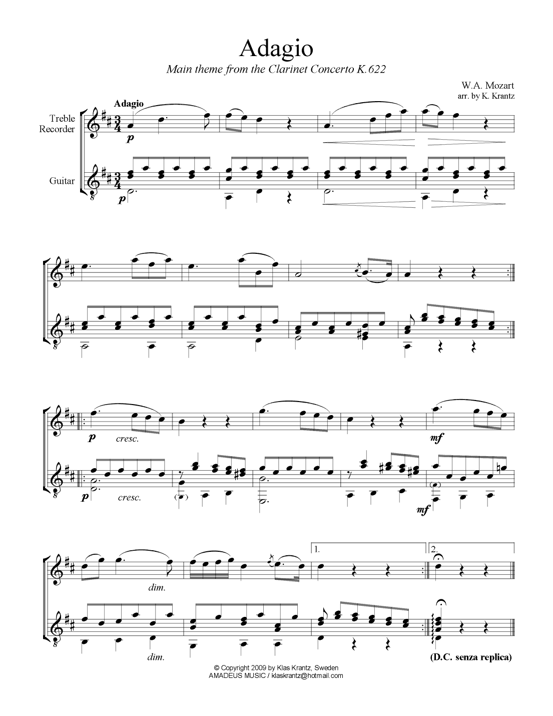 Adagio from the clarinet concerto (theme) treble recorder and guitar (arr. K. Krantz)