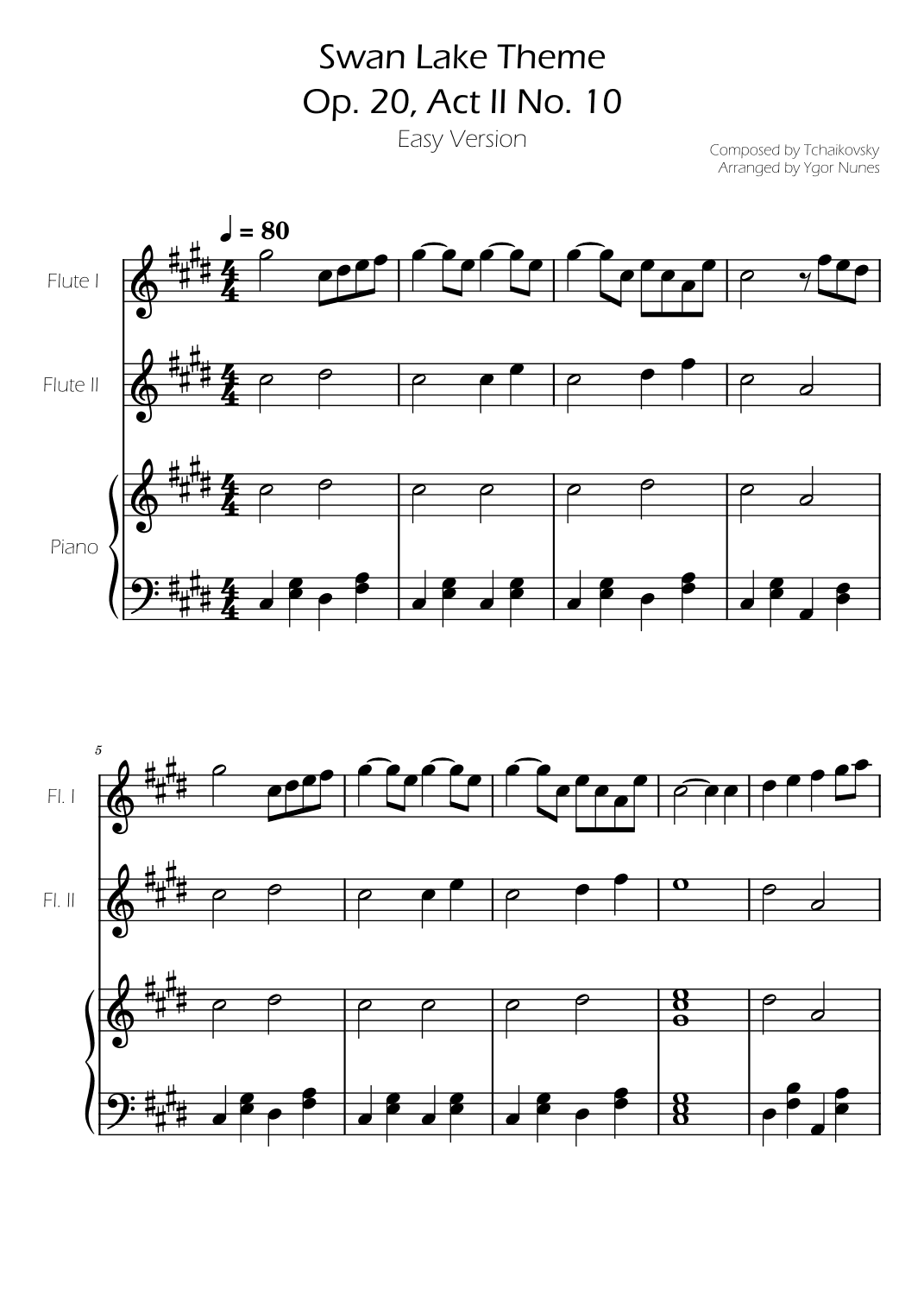 Swan Lake (theme) - Tchaikovsky - Flute Duet w/ Piano Accompaniment (arr. Ygor Nunes)