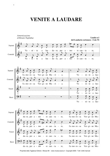 VENITE A LAUDARE -  Laudario Cortonese - Arr. for SATB Choir (arr. R.Tagliabue)