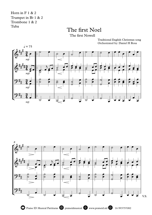 The First Noel - The First Nowell - Easy Christmas Carol - Brass Quartet (arr. Daniel H Rosa)