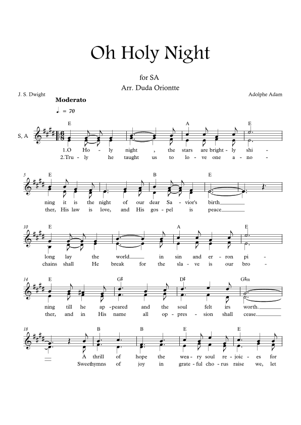 Oh Holy Night (E major - SA - with chords - no piano - one staff) (arr. Duda Oriontte)