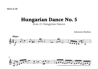 Hungarian Dance No. 5 by Brahms for B- Flat Horn Solo (arr. Rika K.)