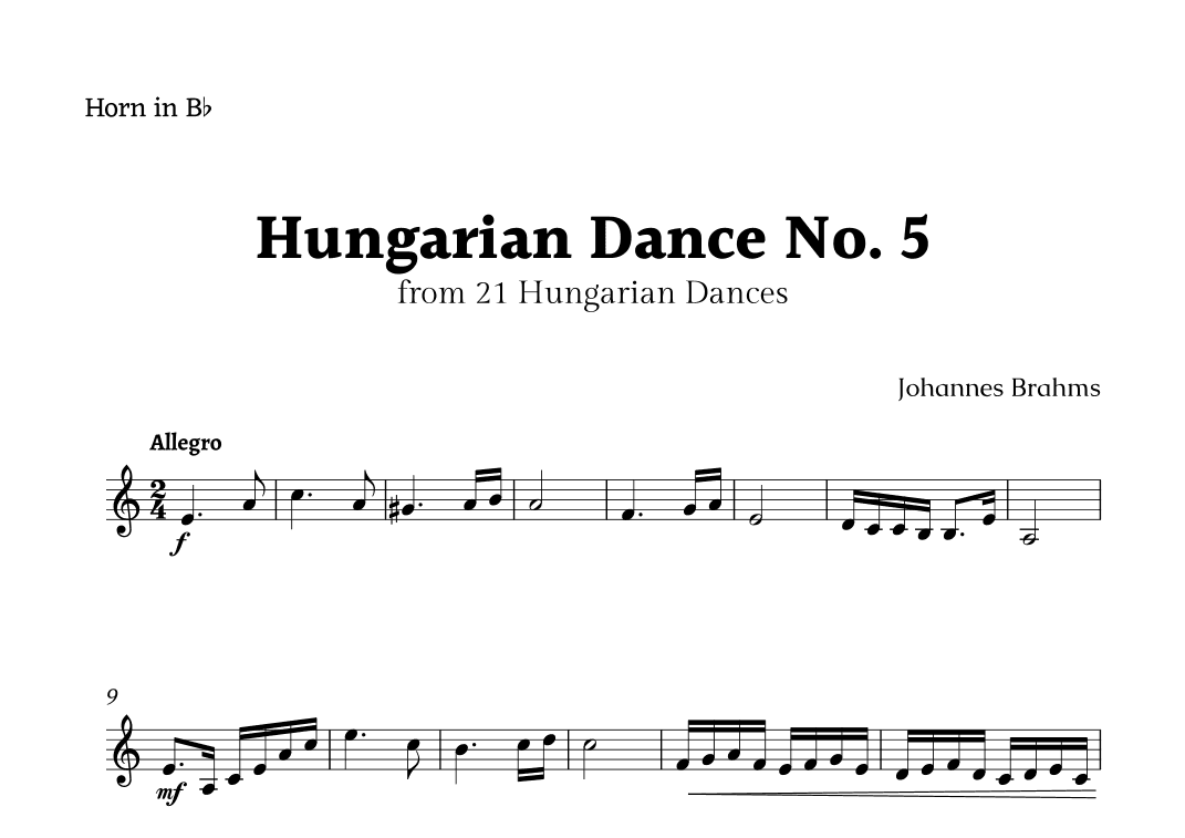 Hungarian Dance No. 5 by Brahms for B- Flat Horn Solo (arr. Rika K.)