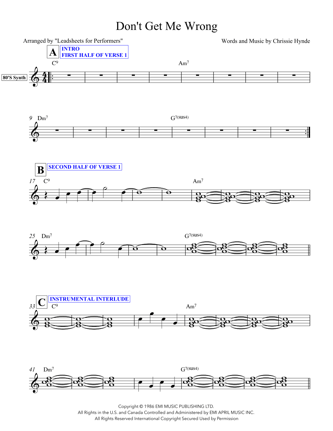 Don't Get Me Wrong (arr. Leadsheets for Performers)