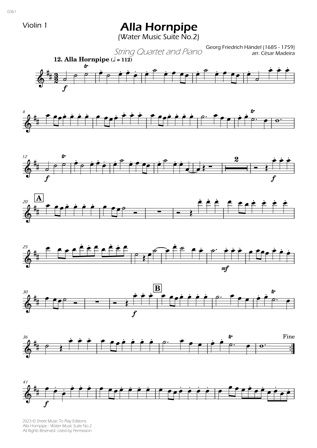 Alla Hornpipe by Handel - String Quartet and Piano (Individual Parts) (arr. César Madeira)